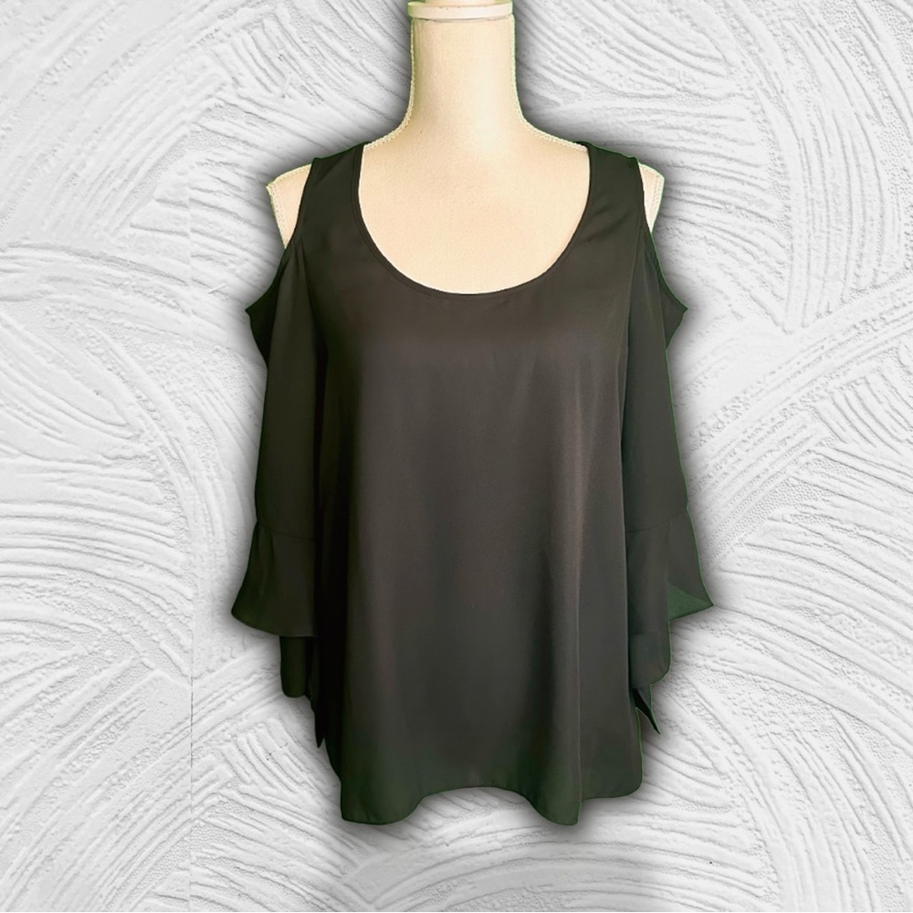 NWT H by Halston Black Chiffon ‘Georgica Cove’ Cold Shoulder Blouse Size Medium
